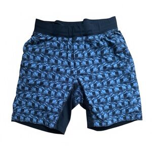 Lululemon Mens T.H.E Shorts Blue Black Multi Geometric Lined Patterned Shorts